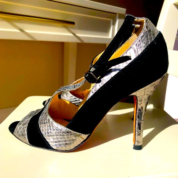 AlexandreBirmanPythonSuede ArtDeco Gatsby Tango T-Strap Heels - Picture 2 of 16